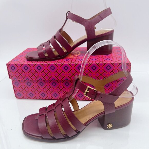 TORY BURCH FISHERMAN BLOCK HEEL SANDALS Claret Red Leather Womens US 6.5 - Picture 3 of 10